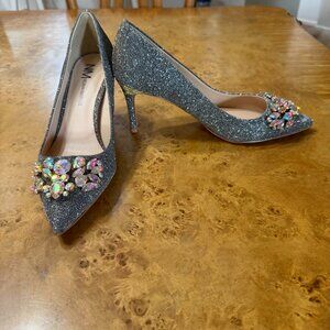 NEW Neiman Marcus Silver Heels with Rhinestones sz 8.5